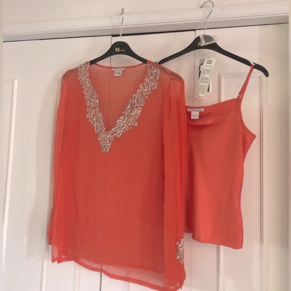 NWT Coral SILK Chiffon Blouse and SILK Satin matching camisole set - Picture 2 of 14